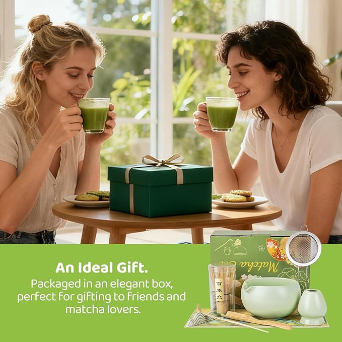 HengLiSam 8PCS Matcha Whisk Set, Ceramic Matcha Kit Set, Japanese Tea Ceremony Tools with Matcha Bowl, Bamboo Whisk, Holder, Sifter, Scoop, Tea Cloth, Spoon and Scoop Stand (Green)