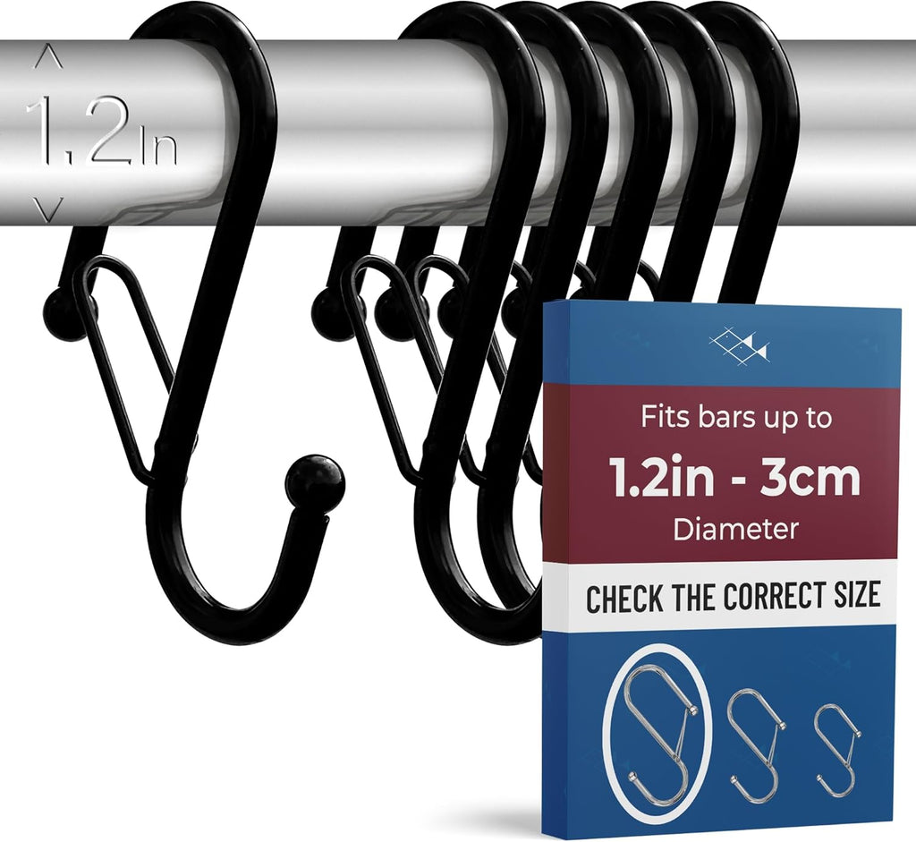 6 S-Shaped Hooks with Anti-Fall System. Anti Drop S-Shaped Hook with Safety Buckle to Prevent Falls. Heavy Duty. (Black, 4in Long (Diameter Rod<1.2in))