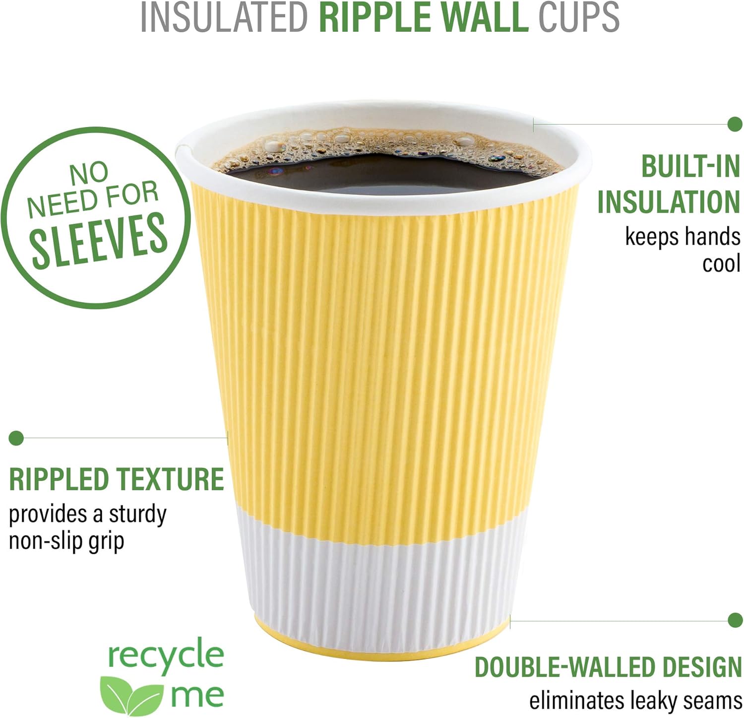 Restaurantware 16 Ounce Double Wall Disposable Coffee Cups, 500 Insulated Light Yellow Paper Tumblers with Ripple Wall Design, Lids Sold Separately for Hot Drinks like Tea, Hot Chocolate and More