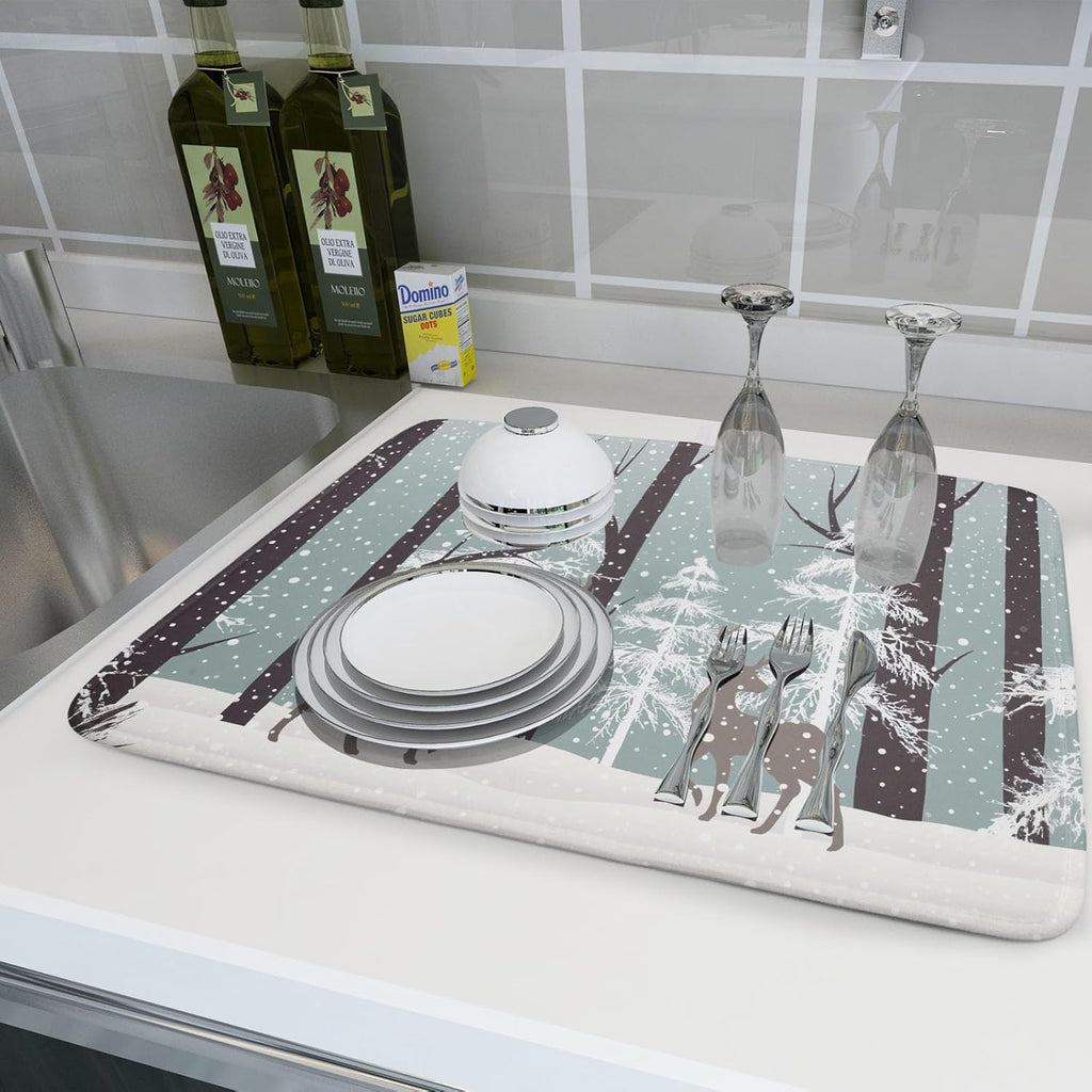 Winter Wildlife Deer Dish Drying Mat for Kitchen Counter,Xmas Landscape Snow Tree Ivory Drying Mat 18 x 24 Inch with High Absorbent Microfiber Drainer Mat for Coffee Bar