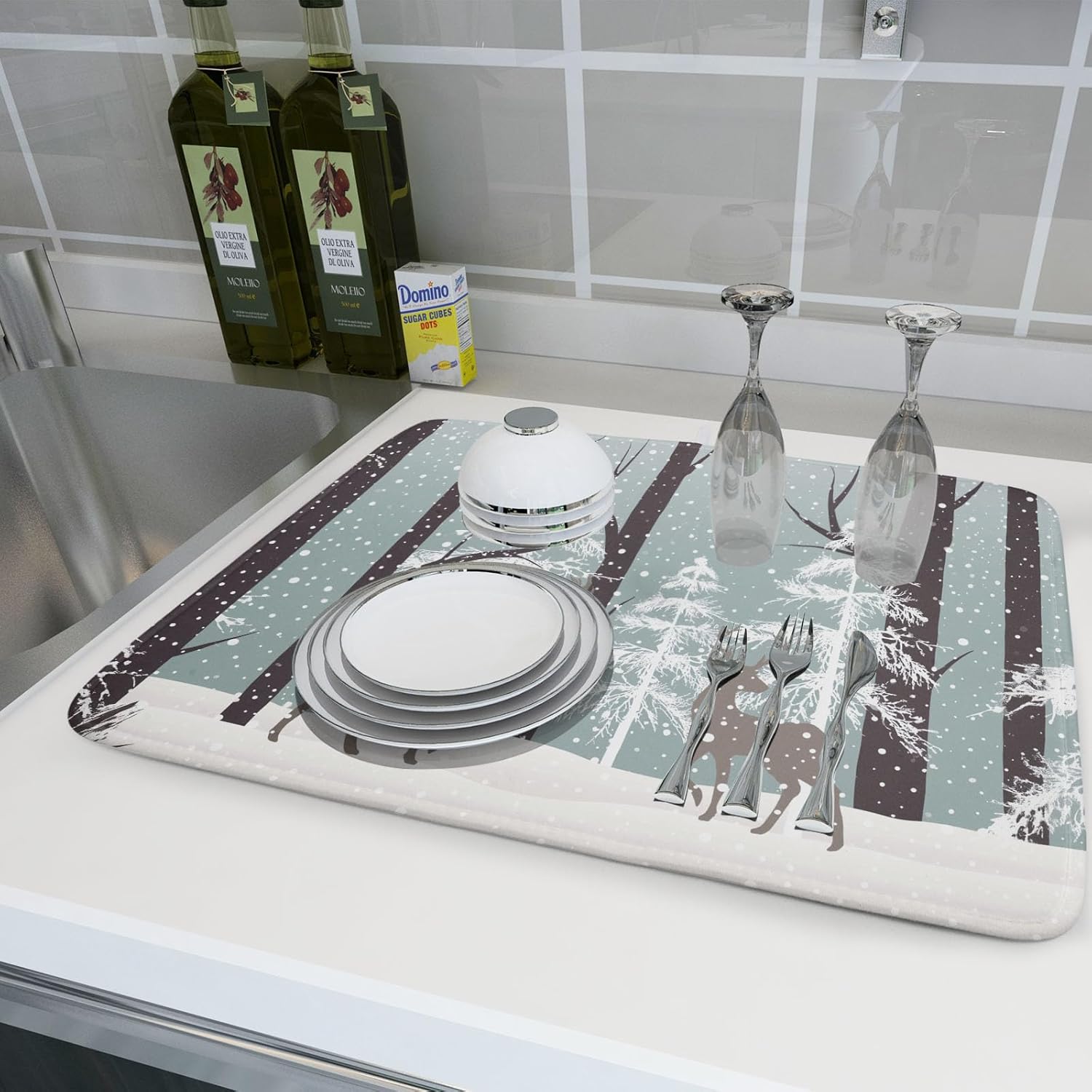 Winter Wildlife Deer Dish Drying Mat for Kitchen Counter,Xmas Landscape Snow Tree Ivory Drying Mat 18 x 24 Inch with High Absorbent Microfiber Drainer Mat for Coffee Bar