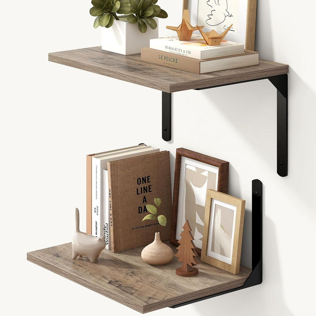 Fun Memories Floating Shelves for Wall, 12 Inch Deep Floating Shelves Set of 2, Wall Mounted Shelf with Metal Brackets, Rustic Wood Wide Shelf for Bathroom, Kitchen and Living Room, Grey, 16W x 12D