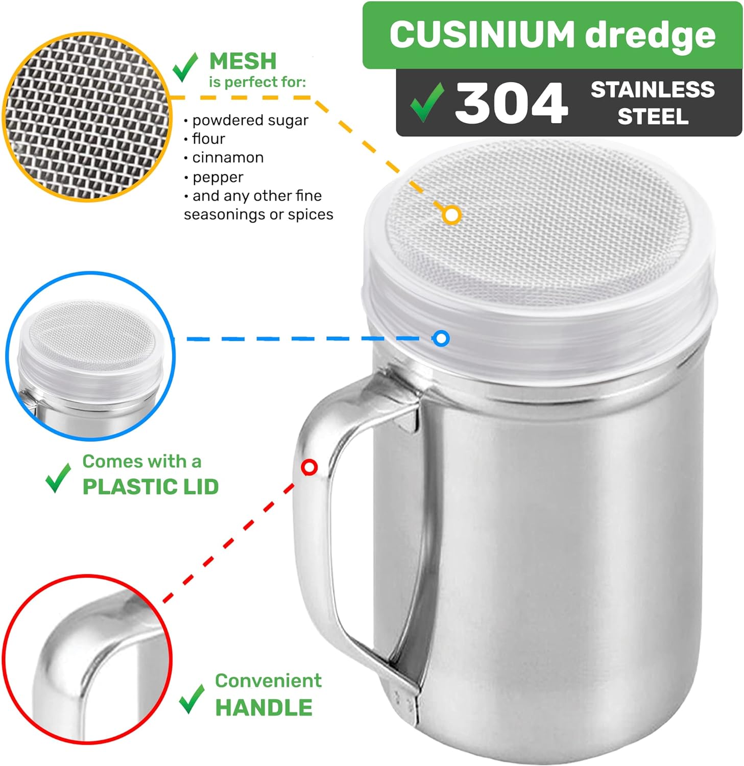CUSINIUM Large Powdered Sugar Shaker Duster - With Handle - Cinnamon Shaker For Coffee Bar- Fine Mesh Dredge - 14 ounce | Style: Fine