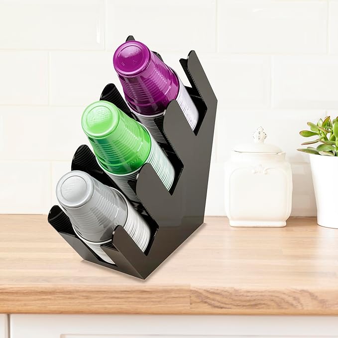 Cup and Lid Holder Stand - 3 Compartment Disposable Cup Dispenser for Countertop Storage - Slanted Paper Coffee Cup Organizer for Breakroom, Kitchen, Hotel, Bar