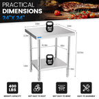 Stainless Steel Table for Prep & Work with Undershelf 24 x 24 Inches NSF Metal Commercial Kitchen Prep Table with Adjustable Under Shelf Worktable for Restaurant Home Outdoor