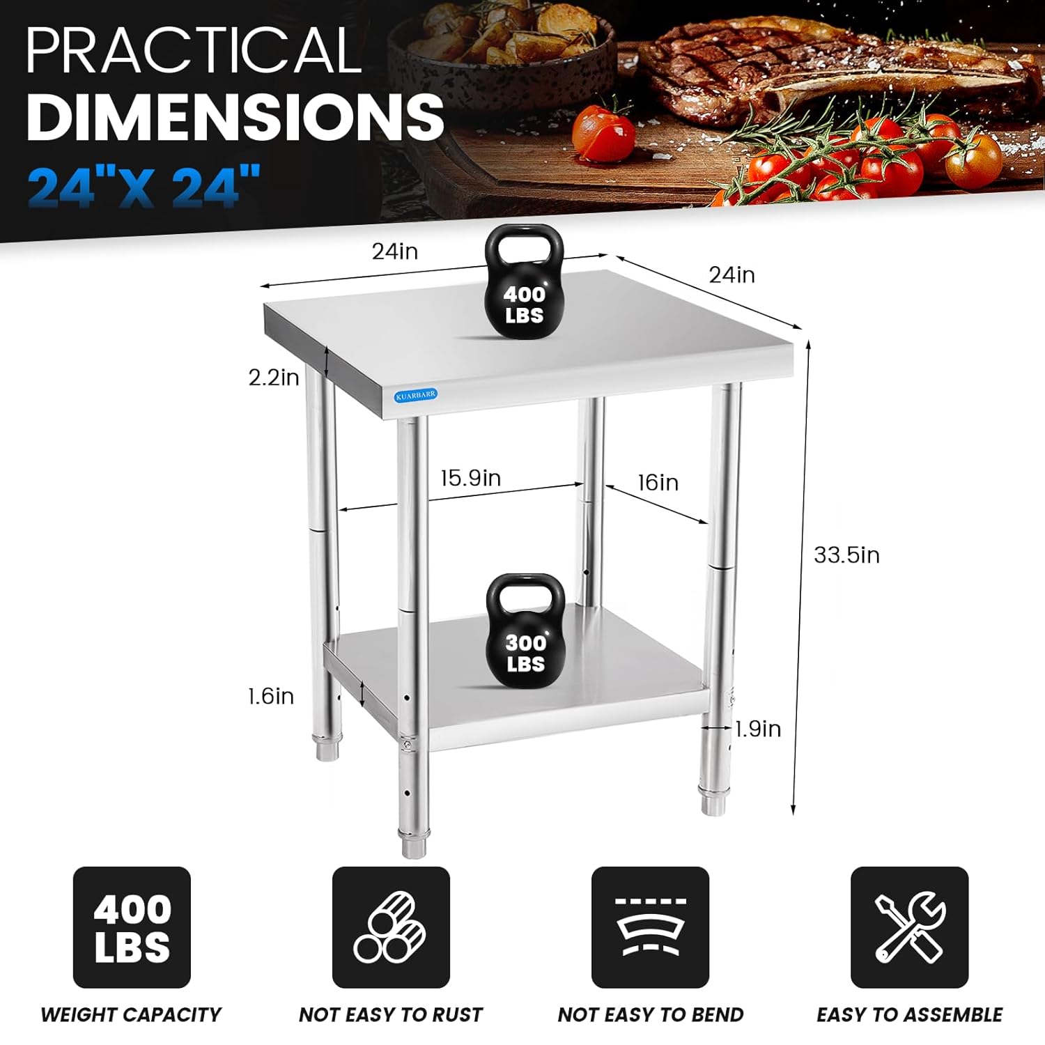 Stainless Steel Table for Prep & Work with Undershelf 24 x 24 Inches NSF Metal Commercial Kitchen Prep Table with Adjustable Under Shelf Worktable for Restaurant Home Outdoor