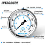 MEANLIN MEASURE 0~160Psi Stainless Steel 1/4" NPT 2.5" FACE DIAL Liquid Filled Pressure Gauge WOG Water Oil Air Center Back Mount, with 1/4" x 1/2" NPT and 1/4" x 3/8" NPT Hex Bushing