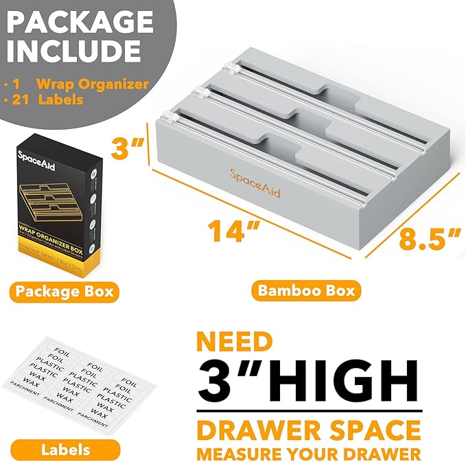 SpaceAid WrapNeat 3 in 1 Wrap Organizer with Cutter and Labels, Plastic Wrap, Aluminum Foil and Wax Bamboo Dispenser for Kitchen Storage Organization Holder for 12" Roll (Gray)