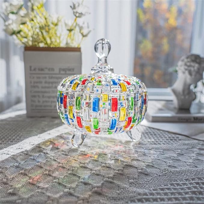MAGCOLOR Elegant-Hand Painted Colorful Large Crystal Glass Candy Box,Christmas Candy jars with Lid,Storage Jewelry Jar,Candy dish covered,Great Gift for Family Friends-24 oz-Cute Candy servers.