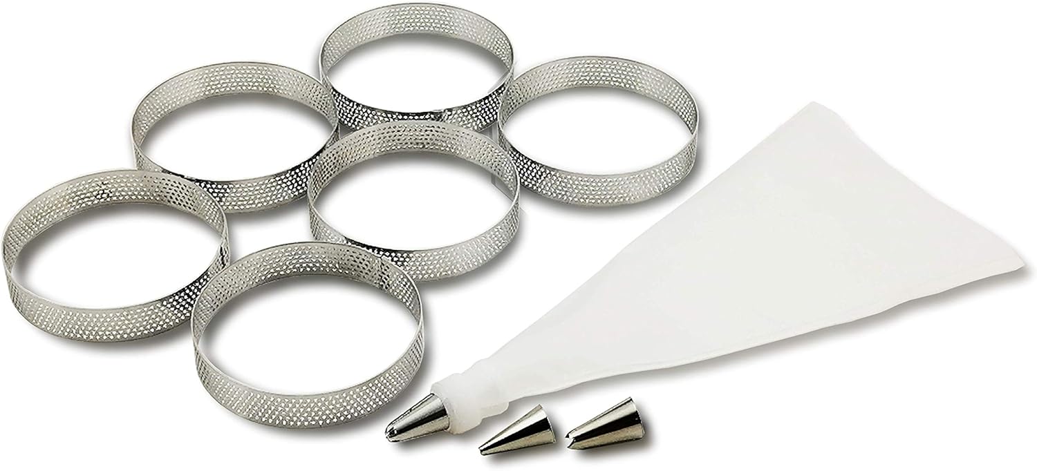 NewlineNY Stainless Steel French Pastry Tart Ring Baking Kit - 6 Perforated Round Dessert Rings + 3 Nozzles + 1 Sample Decorating Piping bag Kit