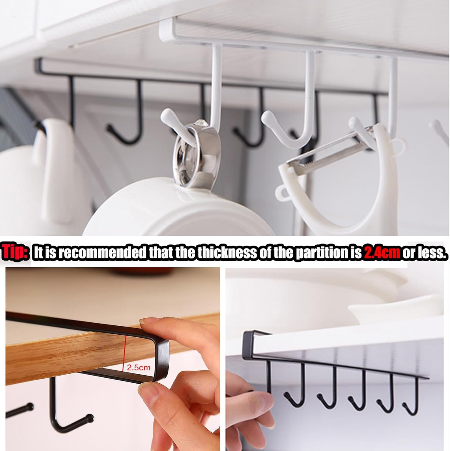 6PCS Mug Hooks Under Cabinet,Mug Holder Under Shelf,Coffee Cups Holder Hanger with 6 Hooks for Kitchen Utensils,Fit for 0.95 inch Thickness or Less,Drilling Free (Black)