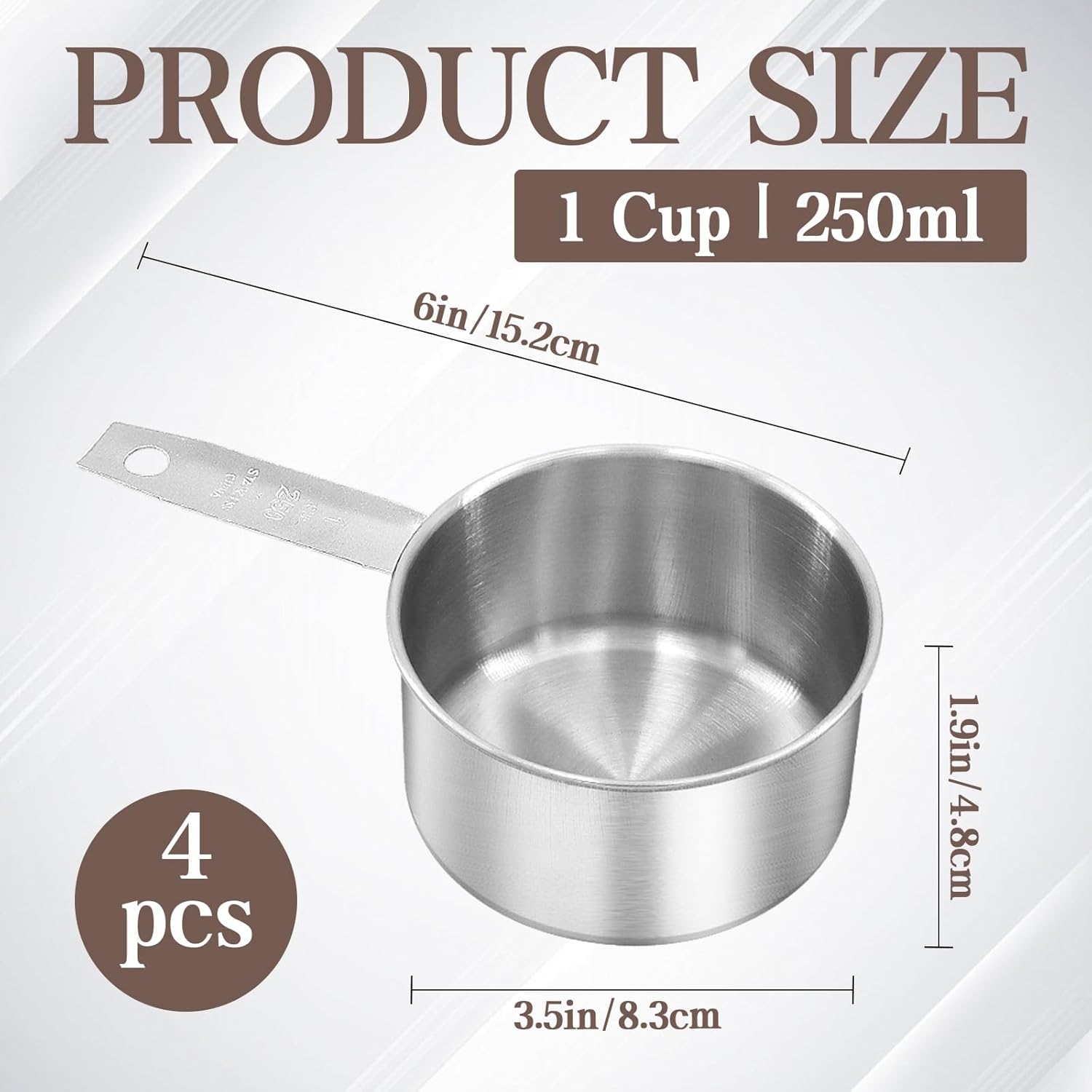 Stainless Steel Measuring Cup, Metal Measuring Cup, Small Measuring Scoops Coffee Scoop with Comfortable Hand for Kitchen Cooking Baking (4, 1 Cup)