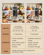 BAYKA French Press Coffee Maker 34 Ounce 1 Liter, Borosilicate Glass Stainless Steel Brewer, Large Portable Cold Brew Cafetera Teapot for Kitchen Travel Camping Coffee Bar Accessories, Dark Pewter