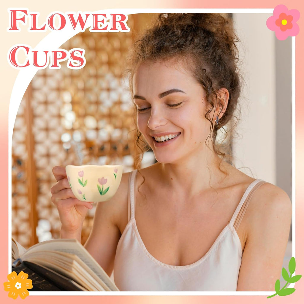Ceramic Coffee Mug Vintage Flower Mugs 8 oz Cute Floral Coffee Mugs Irregular Latte Art Cup Lead-free Porcelain Cups for Cappuccino, Cocoa (Purple Tulips)
