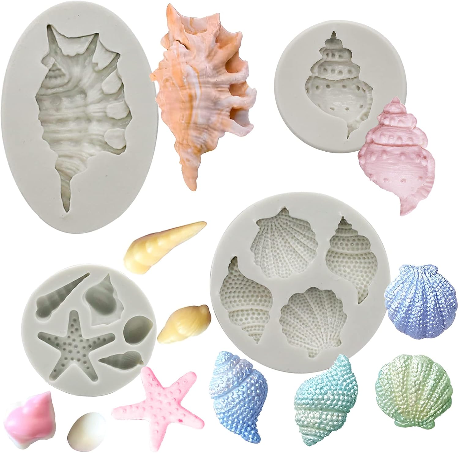 MEMOVAN Marine Theme Fondant Molds 4pcs Seashell Conch Starfish Silicone Baking Mold for Under the Sea Ocean Marine Cake Cupcake Decoration Chocolate Candy Soap Resin Clay Crafting