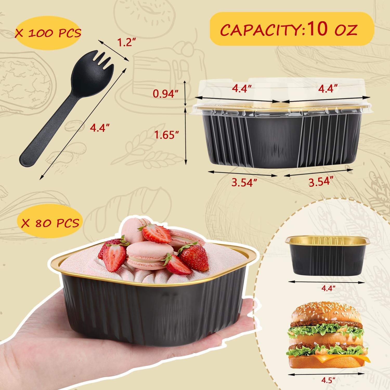 10oz/80pack Mini Cake Pans with Lids,LNYZQUS Small Foil Baking Tins Brownie Baking Cups,4”x4” Disposable Ramekins Jumbo Cupcake Muffin Pan Mini Aluminum Containers Holders-Black