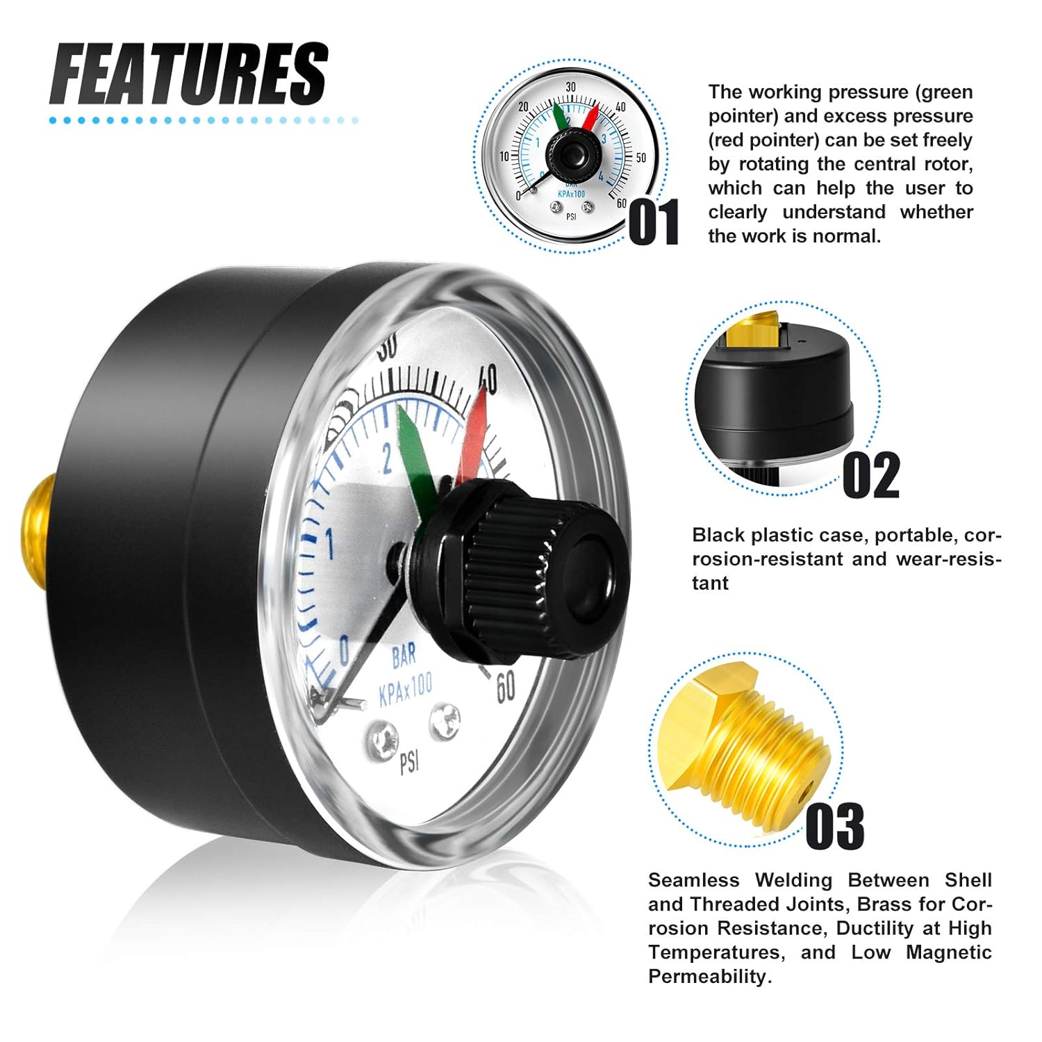 MEANLIN MEASURE 0-60Psi 1/4" NPT Pressure Gauge Box with dial for selecting Filter, 3-2-3% Accuracy, Center Back Mount, with 1/2" NPT and 3/8" NPT Hex Bushing