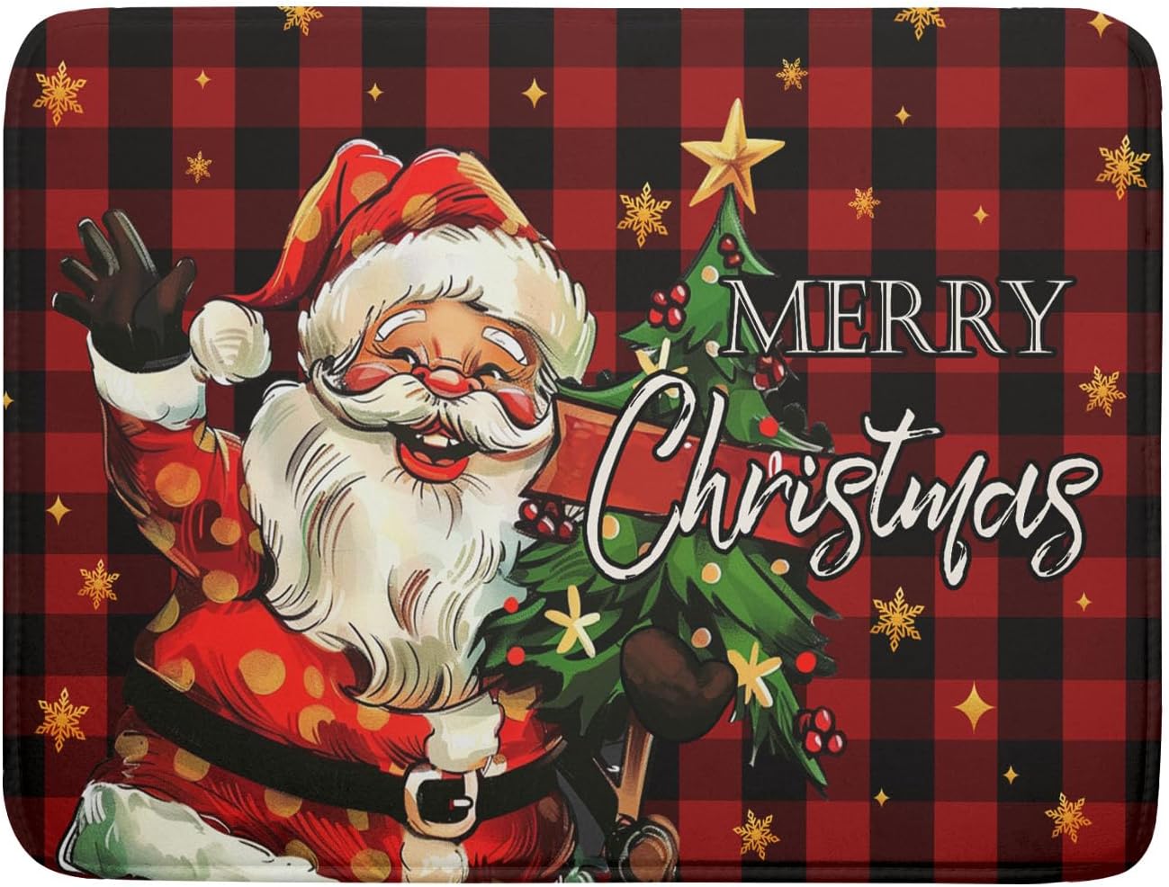 Merry Christmas Santa Claus Red Buffalo Plaid Dish Drying Mat for Kitchen Counter,Winter Snowflake Xmas Tree Drying Mat 18 x 24 Inch with Absorbent Reversible Microfiber Dish Drying Pad for Coffee Bar