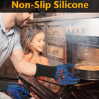 QUWIN BBQ Gloves, Oven Gloves 1472℉ Extreme Heat Resistant, Grilling Gloves Silicone Non-Slip Oven Mitts, Kitchen Gloves for BBQ, Grilling, Cooking, Baking-1 Pair… (Black Blue, One SizeLong Cuff