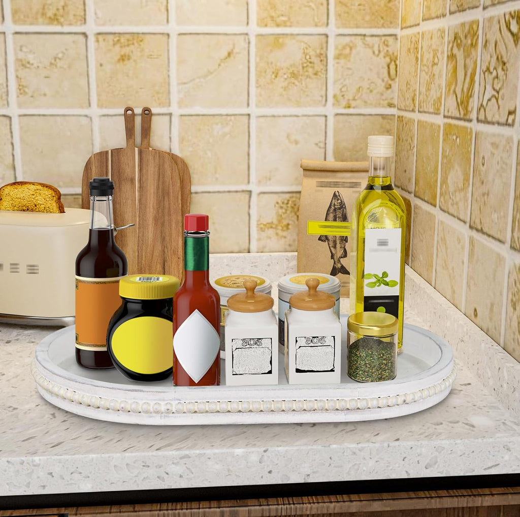 MAONAME Wood Serving Tray, Farmhouse Wooden Tray for Coffee Table, Oval Beaded Trays, Vintage White Decorative Trays for Living Room, Kitchen, 15" X 9" X 1.2"