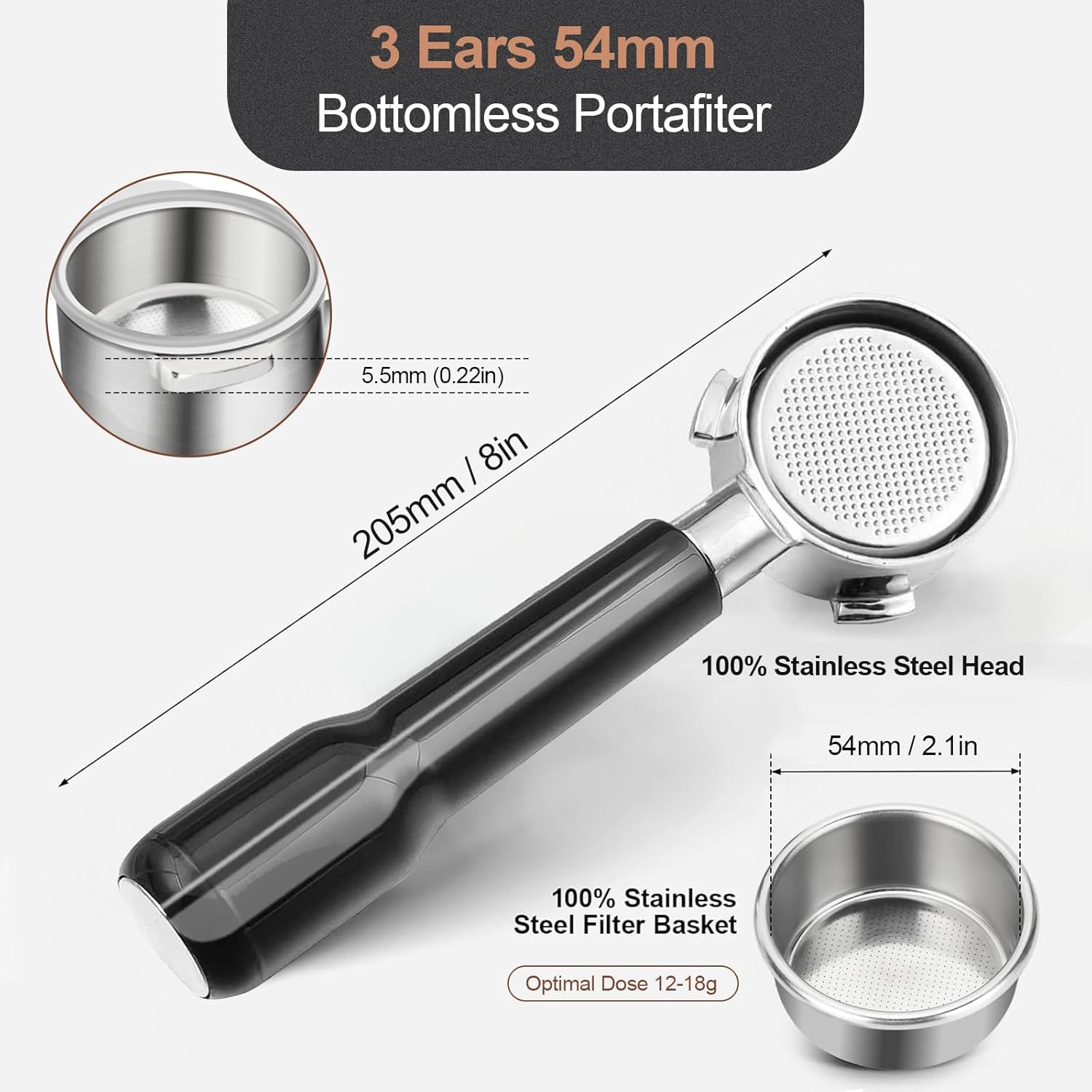 54mm Bottomless Portafilter & Puck Screen, 3-Ear Stainless Head, Compatible with Breville Barista Pro, Bambino Plus, Barista Express Impress, Infuser, Barista Touch, Duo-Temp Pro & Bambino