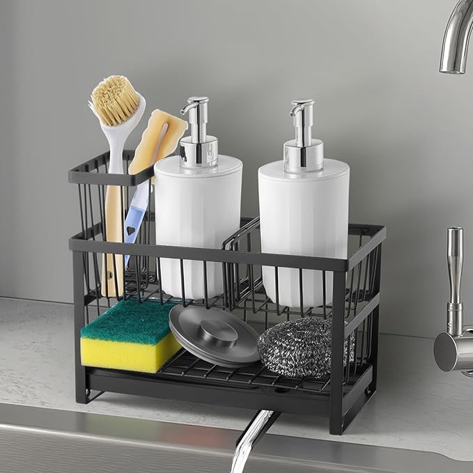 VEVOR Kitchen Sink Caddy Organizer, 2 Tier Sponge Holder for Kitchen Sink with High Brush Holder & Divider, Storage Rack with Rotatable Drainage Spout, Countertop Organizers and Storage Essentials