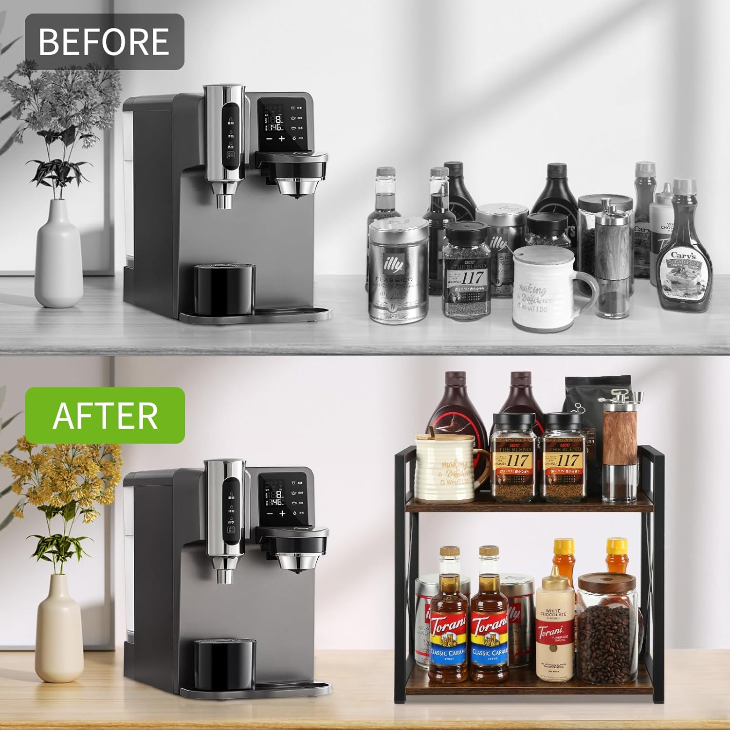 YINMIT Countertop Shelf Organizer,Coffee Bar Accessories,Spice Rack,Coffee Counter Shelf,2 Tier Coffee Organizer Station for Mugs,Cups,Cream,Syrup(Rustic Brown,Large)