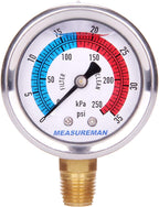 MEASUREMAN 2" Dial Size, Glycerin Filled Pool Filter Pressure Gauge, 304 Stainless Steel Case, 0-35psi/250kpa, 1/4" NPT Lower Mount
