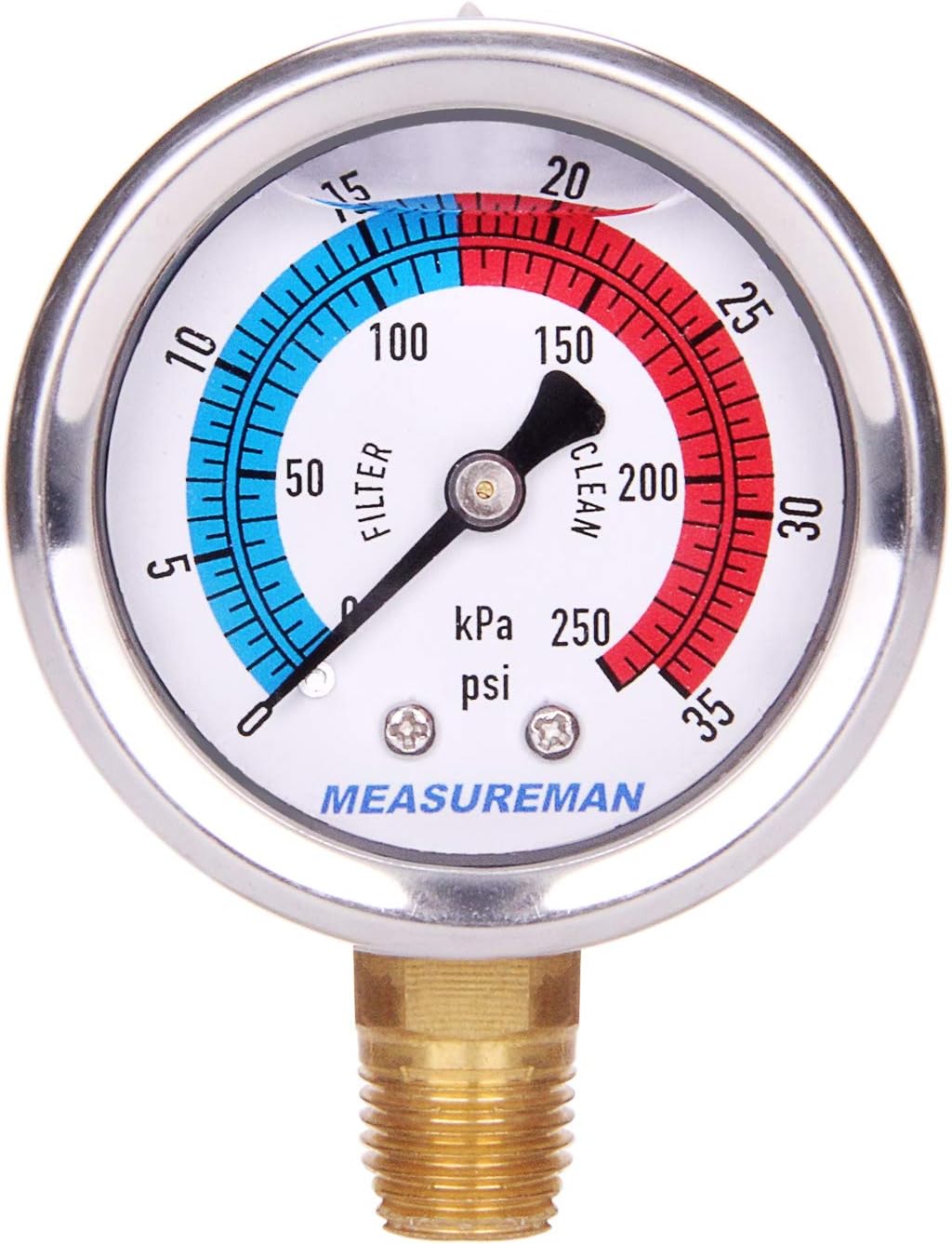 MEASUREMAN 2" Dial Size, Glycerin Filled Pool Filter Pressure Gauge, 304 Stainless Steel Case, 0-35psi/250kpa, 1/4" NPT Lower Mount