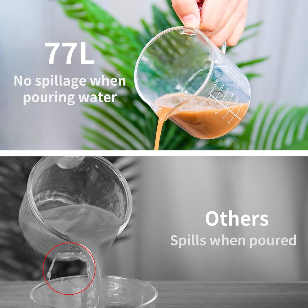 77L Glass Measuring Cup, Clear Liquid Measuring Cup with V-Shaped Spout and Three Scales, High Borosilicate Glass Beaker with Handle for Kitchen or Restaurant, 300 ML (0.3 Liter, 1 1/4 Cup)