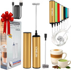 Rechargeable Electric Milk Frother Handheld,2-Speed Travel Frother with Tube Case, Milk Foamer Coffee Frother for Latte, Cappuccino, Drink Mixer with 2 Stainless Whisks and Charger Golden