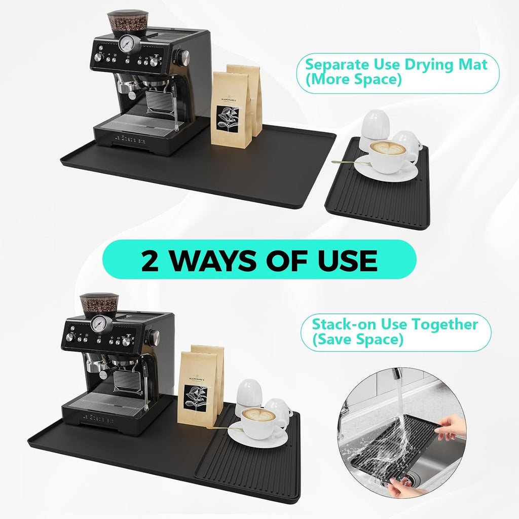 2-in-1 Coffee Mat & Dish Drying Mat Coffee Bar Mats for Countertop Coffees Matt for Counter Silicone Coffees Espresso Machine Station Mats Under coffee Maker Spill Mat Countertops Pot 24×16inch