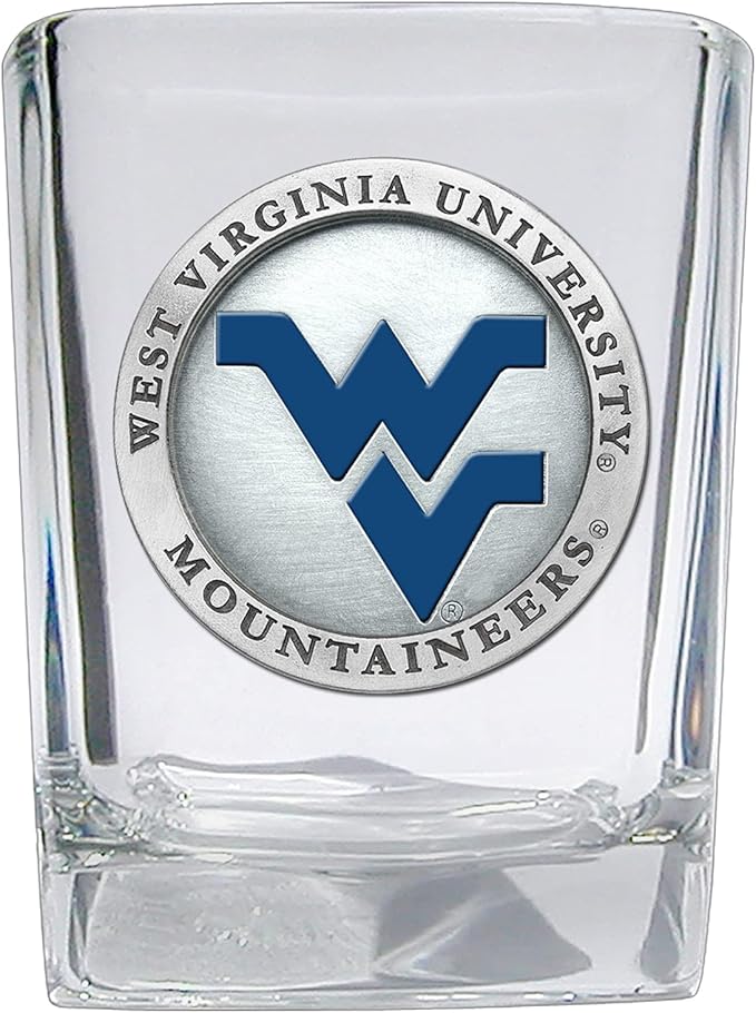 Heritage Pewter University of West Virginia Square Shot Glass | Hand-Sculpted 1.5 Ounce Shot Glass | Intricately Crafted Metal Pewter Alma Mater Inlay