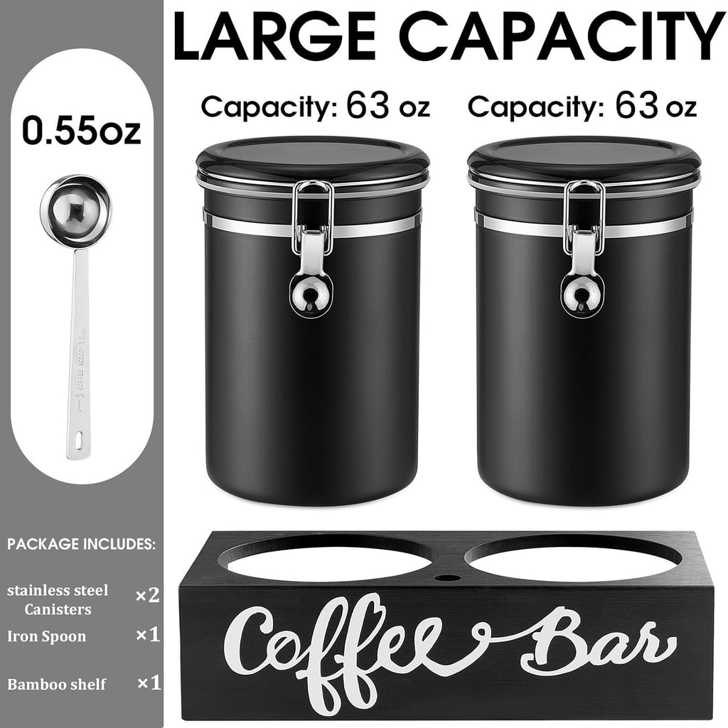 Yangbaga 2 x 63OZ Stainless Steel Coffee Canisters with Handle Shelf, Airtight Locking Clamp & Scoop, Food Storage Jars for Kitchen