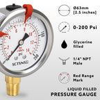0 to 200 Psi Pressure Gauge, Glycerin Liquid Filled, 2.5 inch Dial, 1/4" NPT Lower Mount, Stainless Steel Case, for Air Compressor, Shock, Water System, Well Pump, Tank, Pipe, Pressure Test