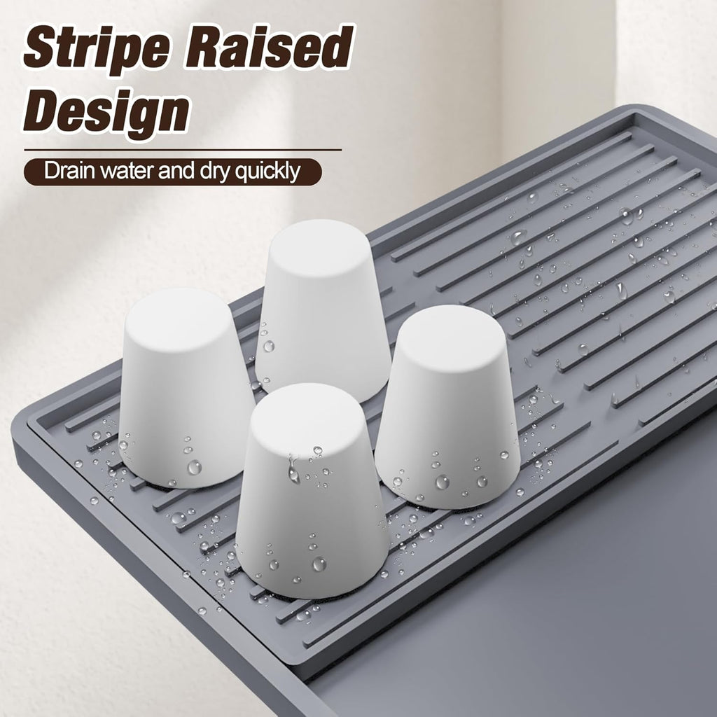 Premium Dish Drying Mat & Removable Coffee Bar Mat - 24x16 Inch Quick-Dry Silicone Mat, Heat/Waterproof Non-Slip Protector for Sink, Espresso Machine, Dishwasher Safe & Cabinets (Gray)