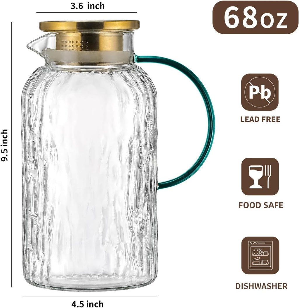 2 PACK Glass Pitcher with Lid and Spout, 68 oz/2 Liter Water Pitcher for Fridge, Clear Borosilicate Glass Water Carafe for Cold Brew, Coffee, Lemonade, Iced SunTea,Milk, Heat Resistant