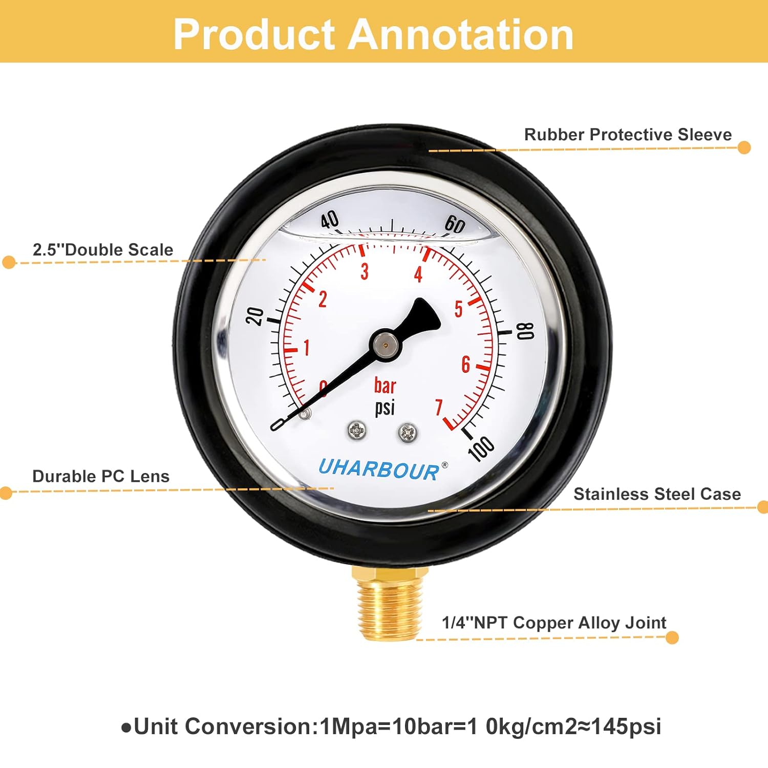 Water Pressure Gauge 2-1/2" Dial Liquid Filled 0-200PSI, Rubber Protective Case, 1/4" Brass Lower Mount, Including 1/4" to 1/8" Thread Adapter and Teflon Tape