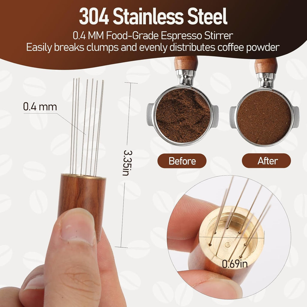 51mm Espresso Tamper Kit, Hard Wood Espresso Tamper Tool & Powder Press Pad & 8-Needles Espresso Stirrers For 51 mm Portafilter