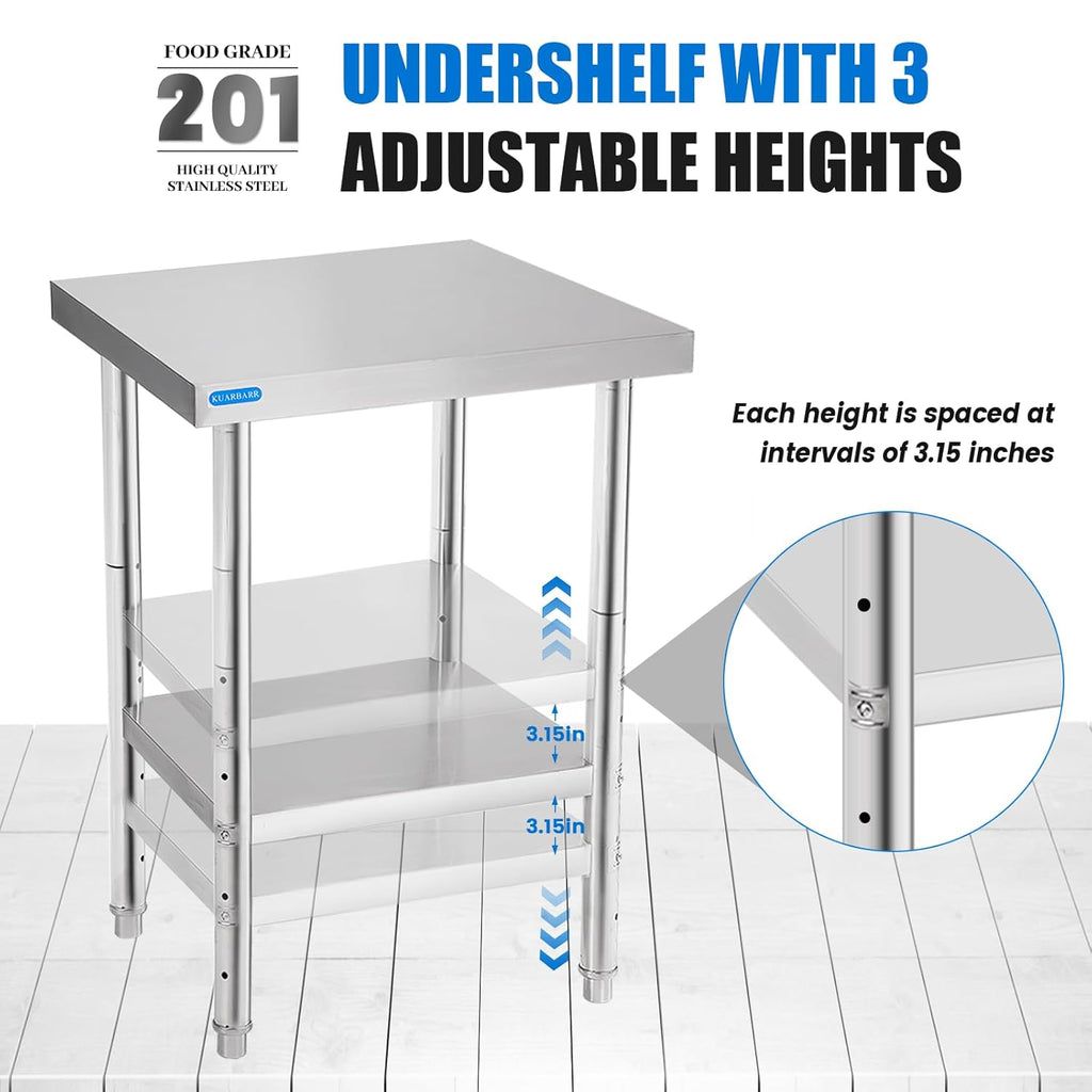 Stainless Steel Table for Prep & Work with Undershelf 24 x 24 Inches NSF Metal Commercial Kitchen Prep Table with Adjustable Under Shelf Worktable for Restaurant Home Outdoor