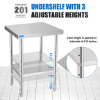 Stainless Steel Table for Prep & Work with Undershelf 24 x 24 Inches NSF Metal Commercial Kitchen Prep Table with Adjustable Under Shelf Worktable for Restaurant Home Outdoor
