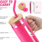 Kodrine 24 oz Glass Tumbler with Handle, Iced Coffee Cup Boba Smoothie Cup, Bamboo Lid Home Office Tumbler, Rose Red