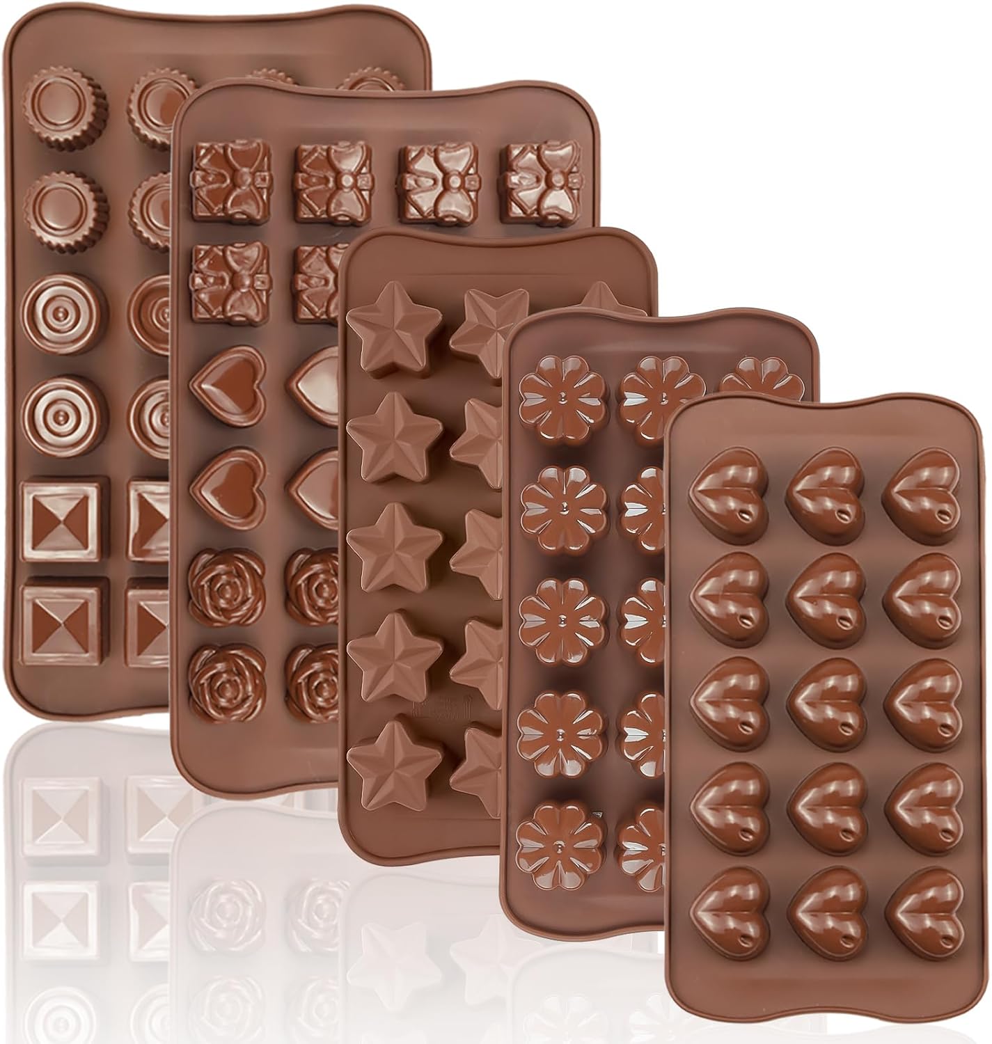 JOERSH 5PCS Silicone Chocolate Molds for Candy, Fat Bombs Snacks & Truffles, 9 Shapes 93 Cavities Candle Soap Wax Melts Mold (Square, Round, Heart, Star, Flower Shapes)