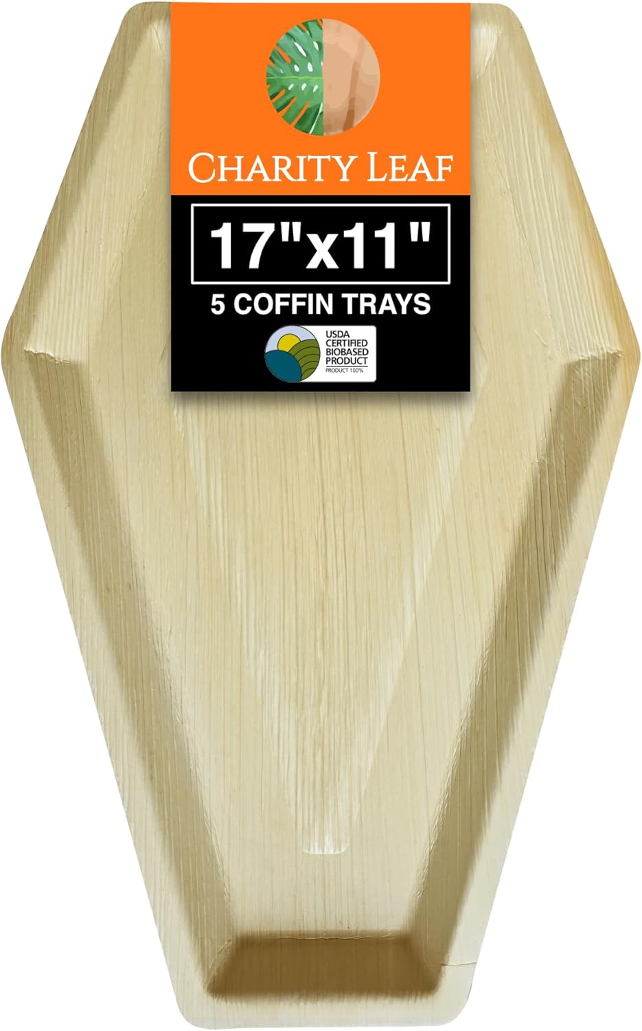 Charity Leaf Disposable Palm Leaf 17"x11" Coffin Trays (5 Pieces) Bamboo Like Serving Platters, Disposable Boards, Eco-Friendly Dinnerware for Halloween, Weddings, Catering, Events
