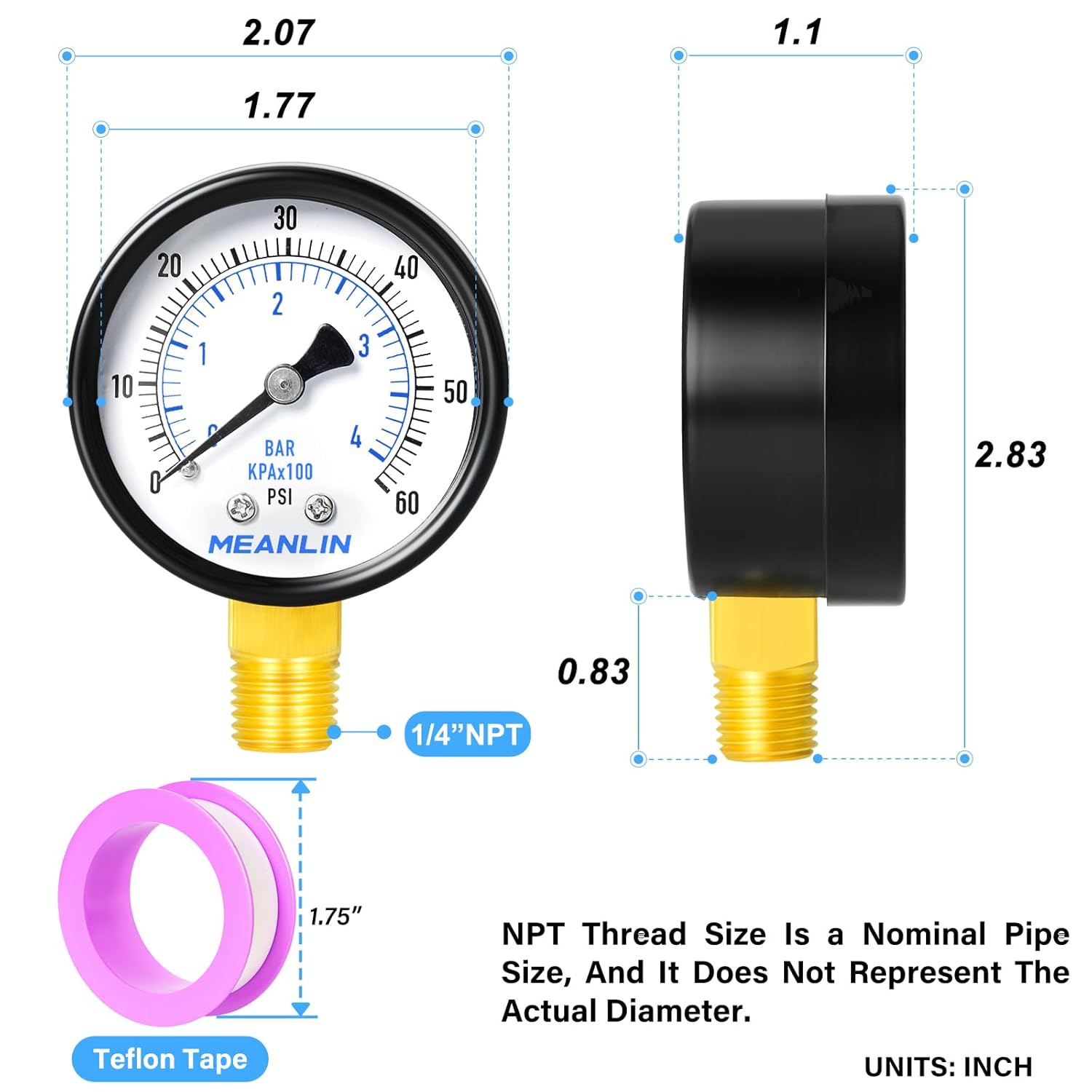 MEANLIN MEASURE 0-60Psi Well Pump Pressure Gauge 1/4" NPT 2" FACE DIAL for Pool Filter Pump Water Oil Air Compressor Tire Pressure Tester Lower Mount, with Teflon Tape