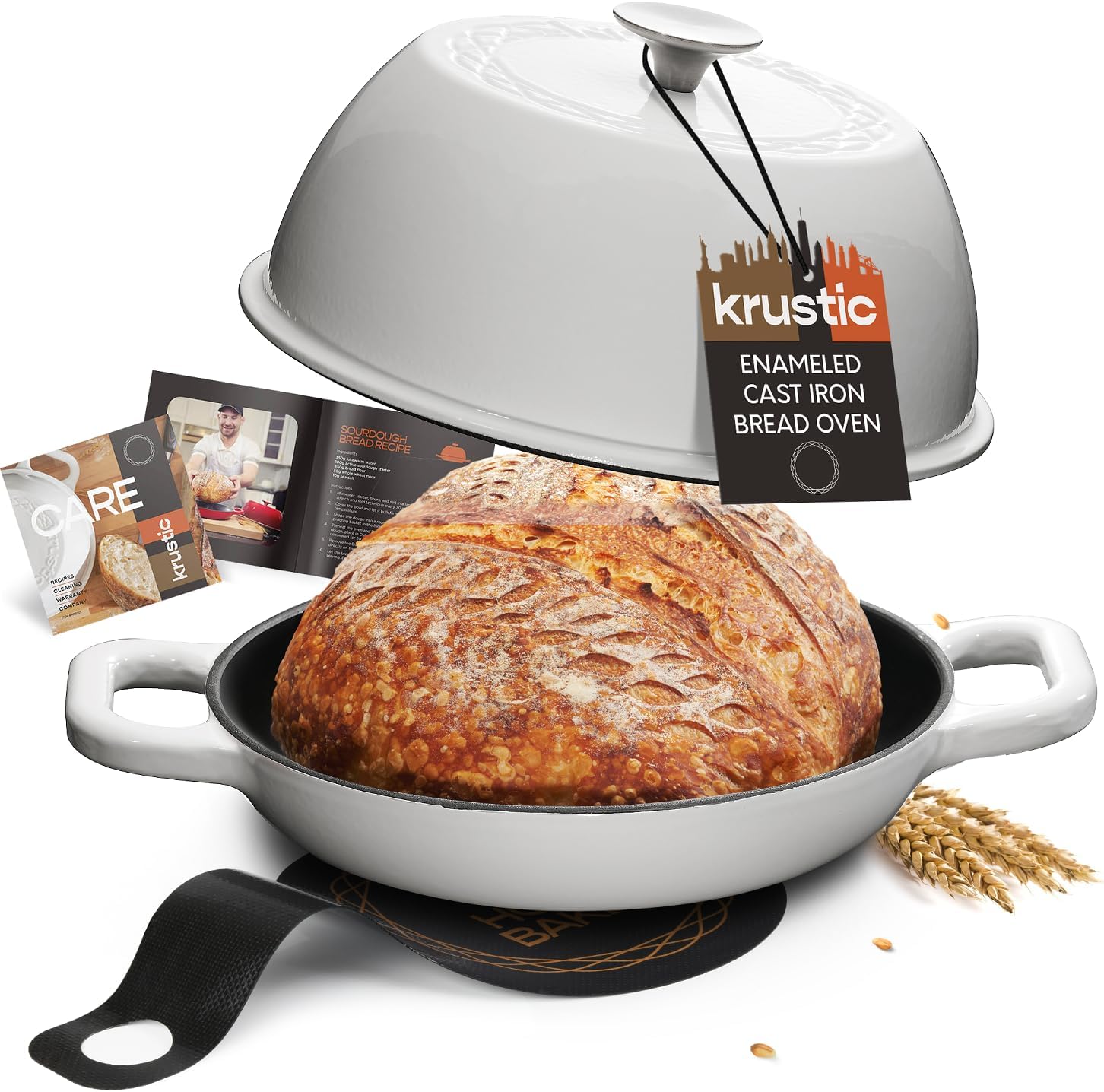 Enameled Cast Iron Dutch Oven for Sourdough Bread Baking | 6 Quart Pot with Lid | 10 Inch Ceramic Enamel Thick Coated Cookware Set with Non Stick Silicone Baking Mat for Cooking | 6 Qt | White