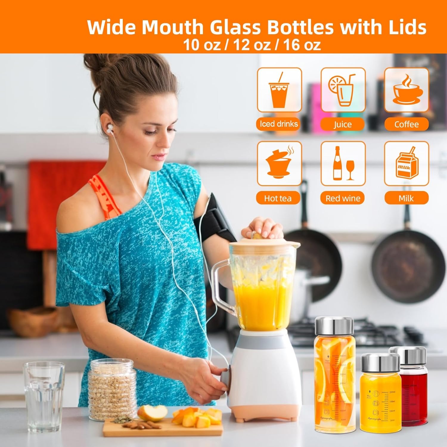 Glass Juice Bottles 6 Pack 20 oz - Wide Mouth Glass Water Bottles with Lids - for Juicing, Smoothies, Milk, Protein, BPA Free, Reusable, Stainless Steel Lids, Leak Proof, Shaker bottle (20oz/600ml)