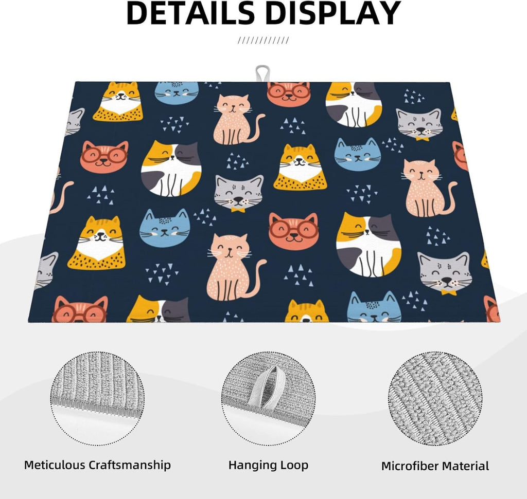 Absorbent Microfiber Dish Drying Mat, Quick Dry Pad for Sink Dishes or Under Rack, Kitchen Counter Accessories, Reusable Washable Extra Large 18"x24" (Cute Cats,Navy blue)