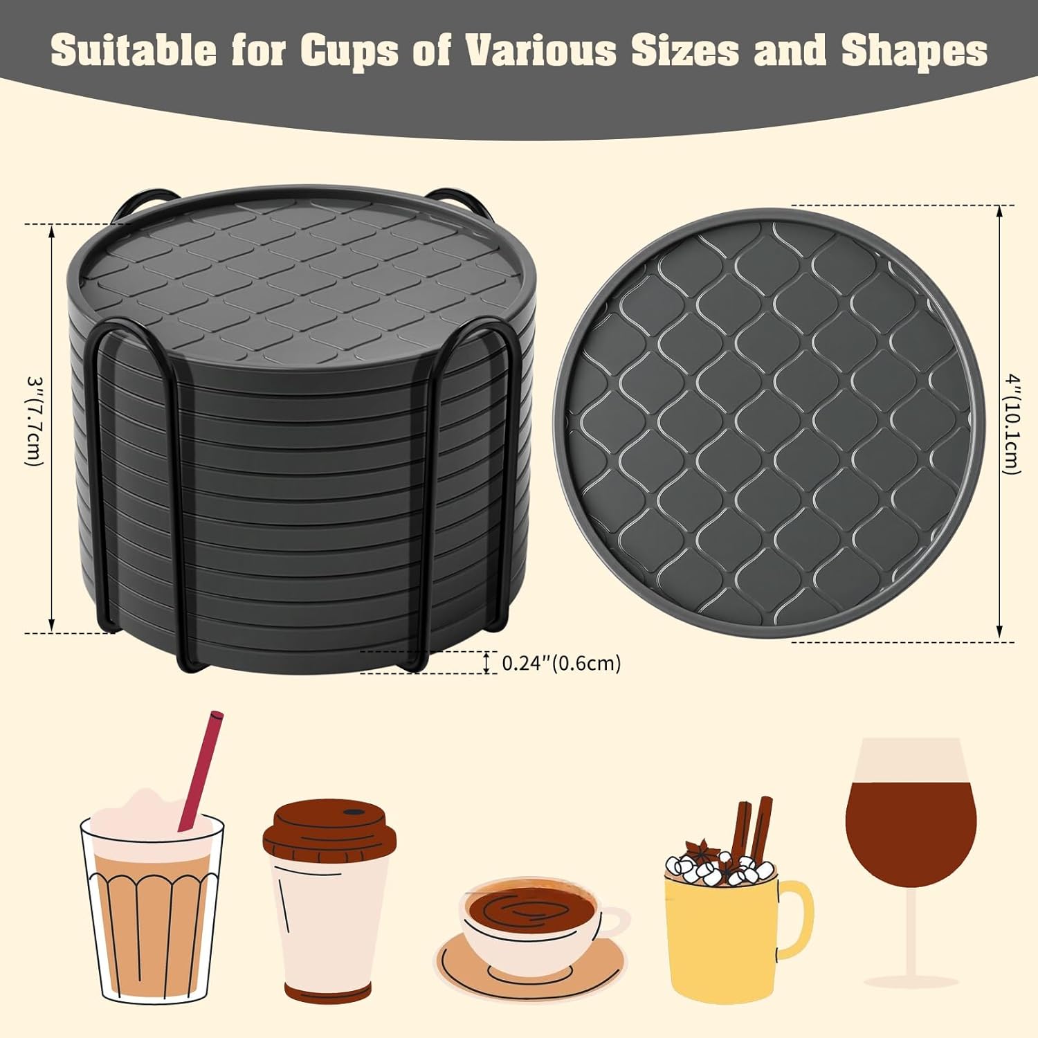 Coasters,Drink Coasters Set of 8 with Holder (Gray, 12pcs)