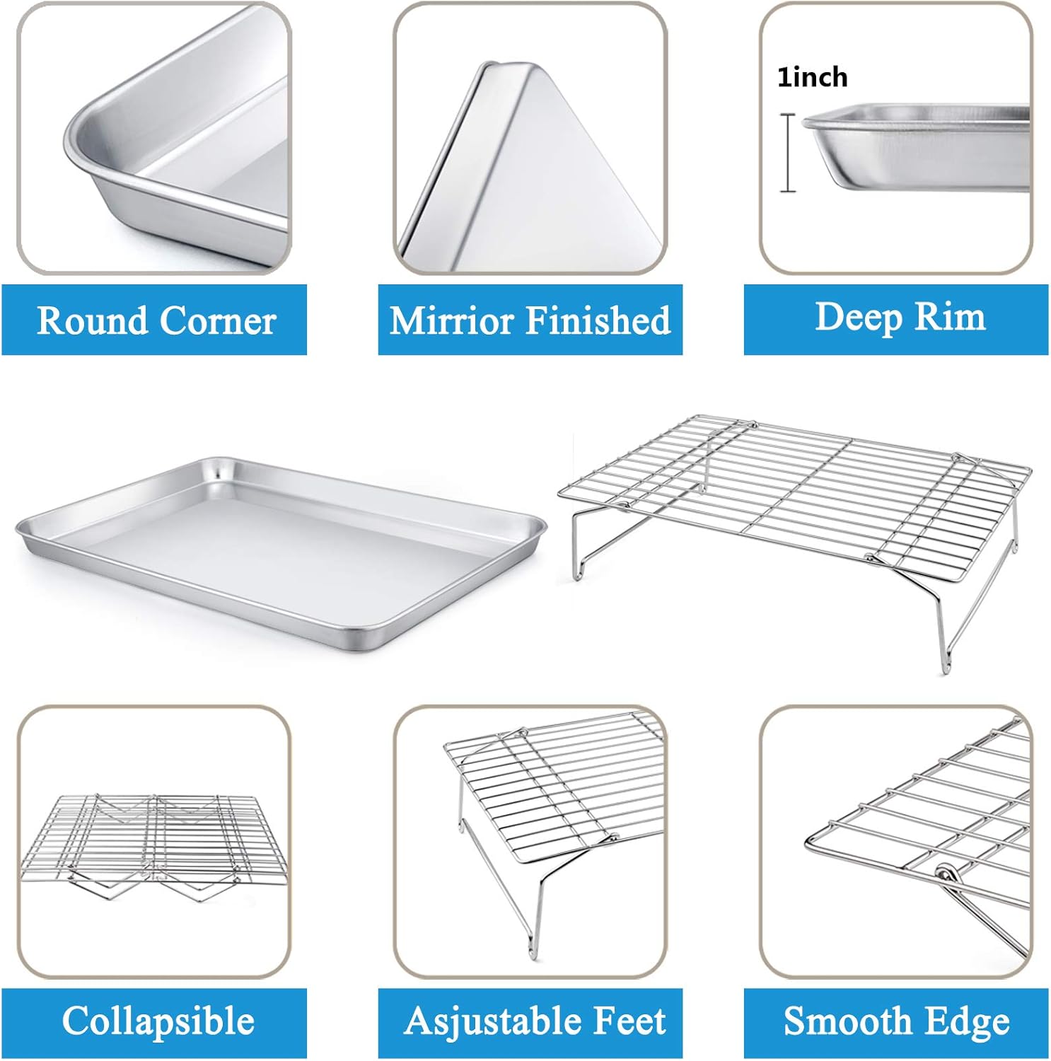 P&P CHEF 16 Inch Stainless Steel Baking Sheet with Rack Set (2 Pans+ 2 Racks), Cookie Sheets Baking Trays and Cooling Wire Racks, Oven & Dishwasher Safe, Pans with Stackable Racks